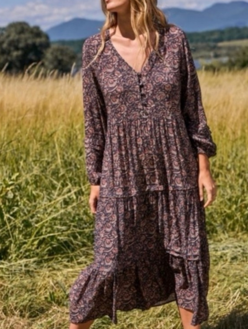 Faherty Brown Paisley V‑Neck Maxi Dress